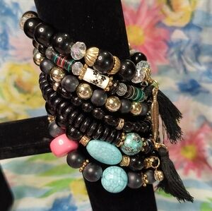 Elegant Black and Turquoise Beaded Bracelet Set